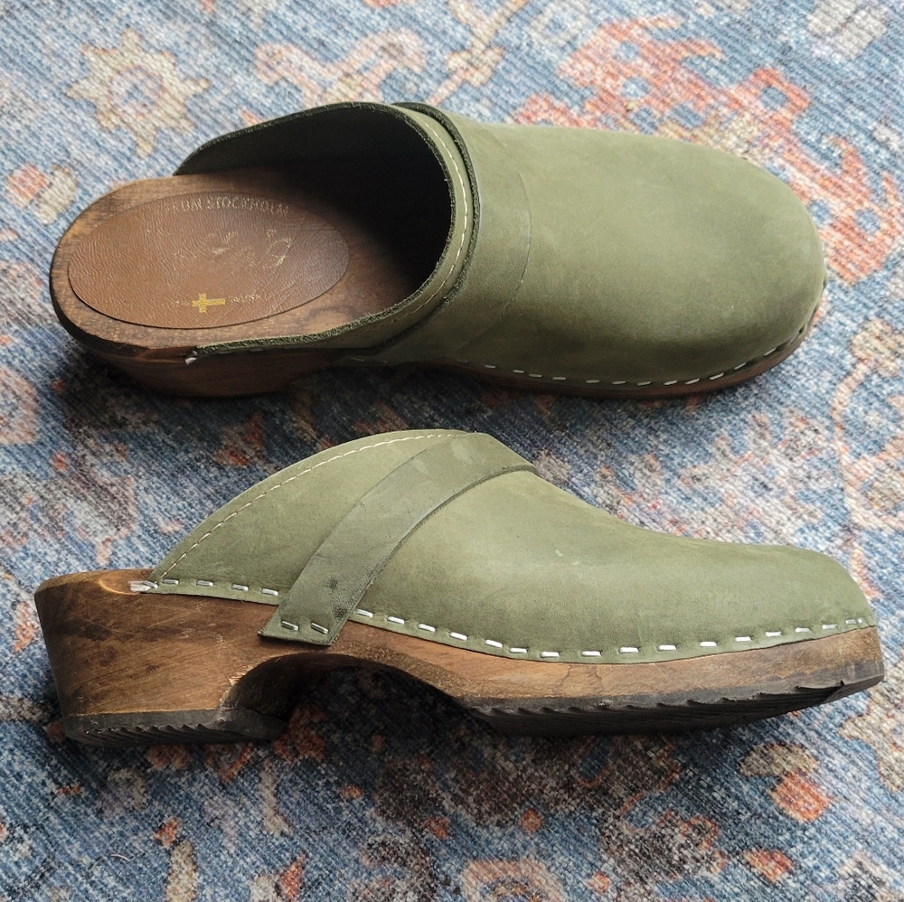 Olive Green Leather Clog Mules - Women